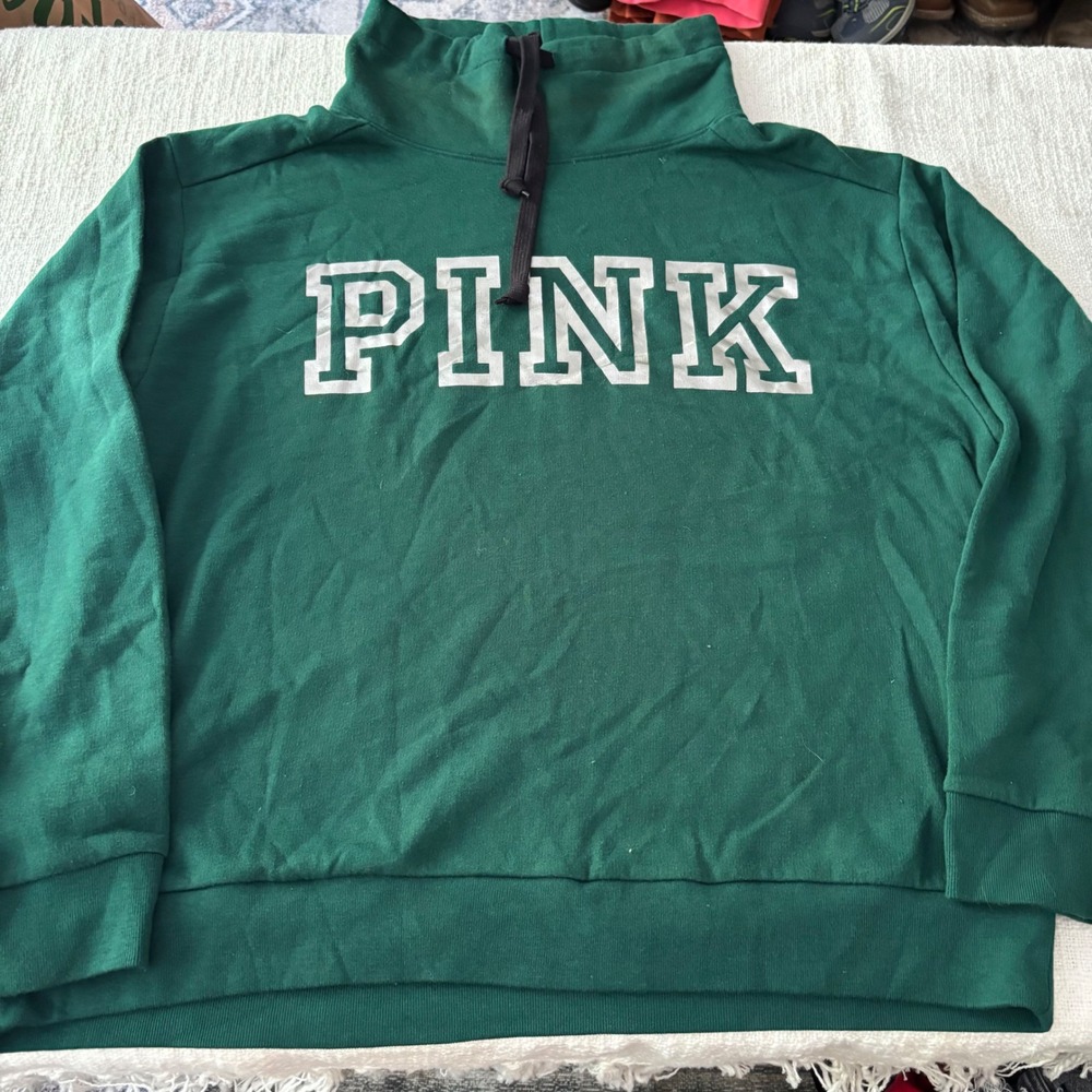 Victorias Secret PINK Funnel Neck Sweatshirt Green Logo Pullover Large